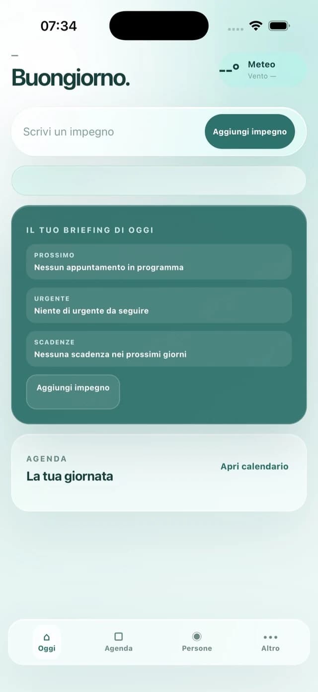 Schermata autentica di MyNABI: vista Oggi con briefing e agenda vuoti