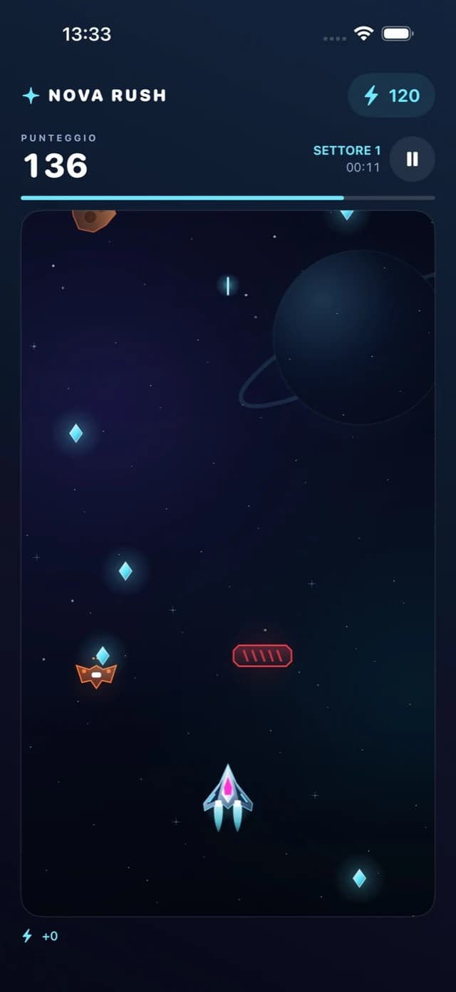 Schermata autentica di NOVA Rush con la navicella in gioco