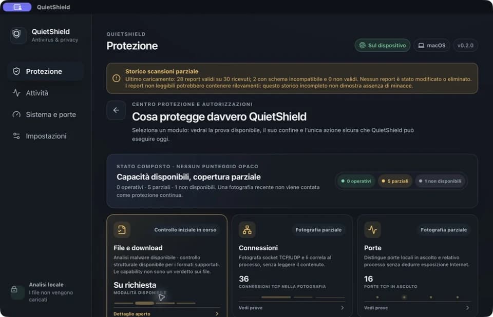 QuietShield: schermata reale del prototipo macOS con copertura parziale dichiarata